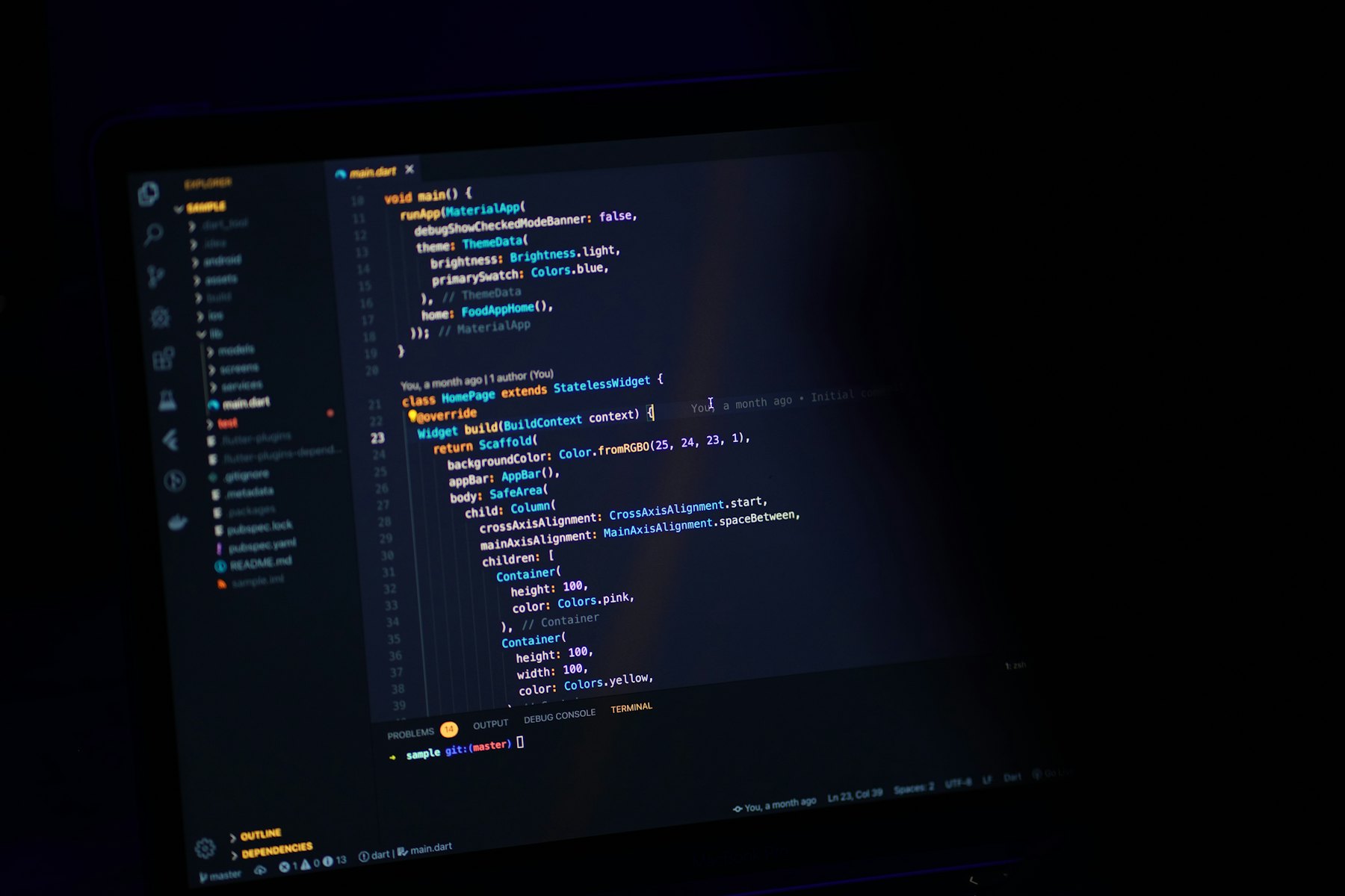 Computerbildschirm mit Programmcode in einem dunklen Editor