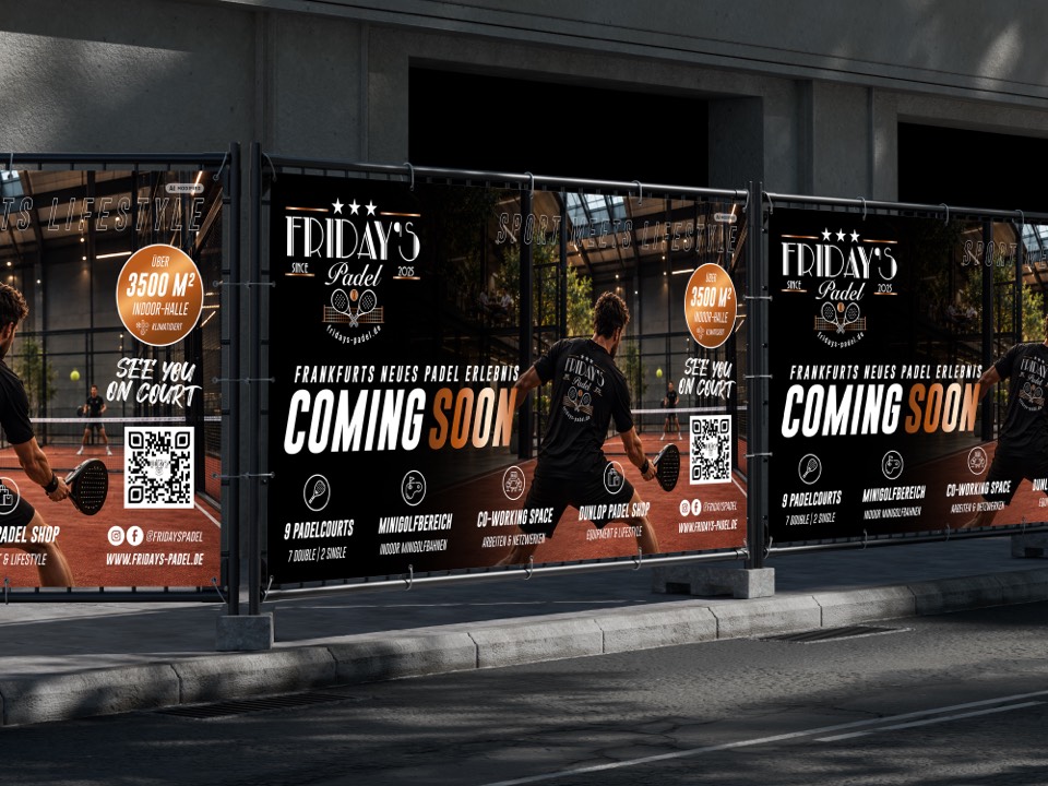 Bauzaunbanner „Coming soon“ für Friday's Padel