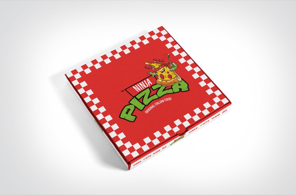 Pizza box in check design for Ninja Pizza