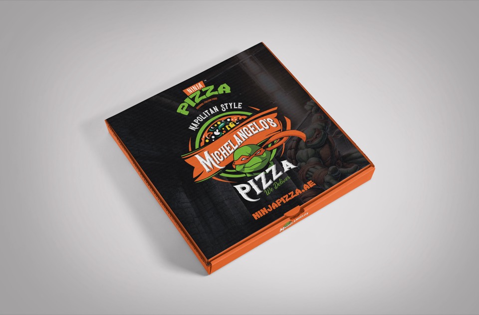Pizzakartons in vier Farbwelten für Ninja Pizza